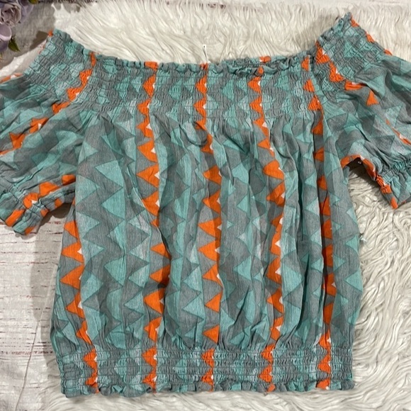 Anthropologie Blue and Orange Smocked Puff Sleeve Blouse - Picture 7 of 10